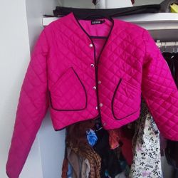 Hot Pink Quilted Cropped Jacket With Pockets For Women 