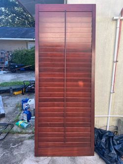 Stained Wooden Louvered Plantation Shutters 90 1/2” L x 36”W x 1 1/8” D with 31 1/2” long by 3 1/4” wide functioning slats for $35 a Panel.  6 availab