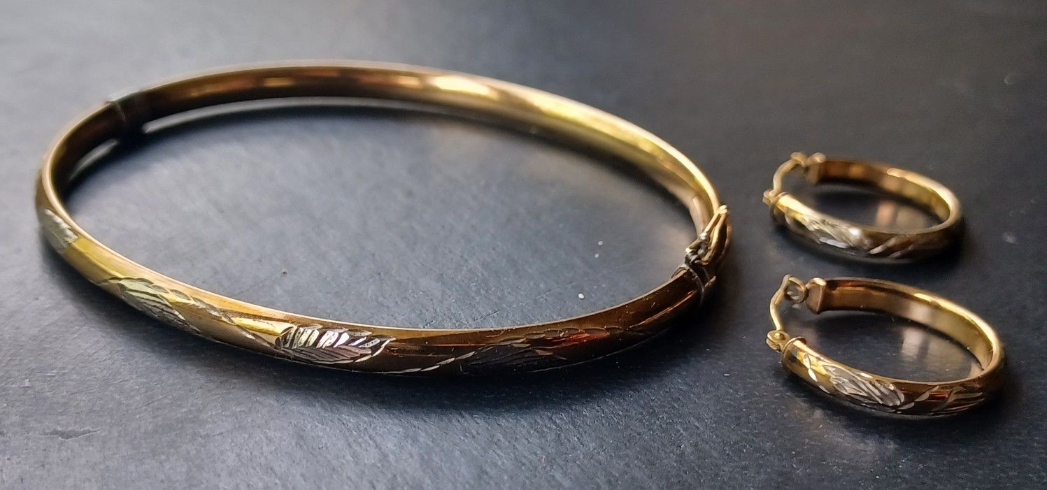 Vintage 925 1/20 10k AU Bangle and Earrings Set.