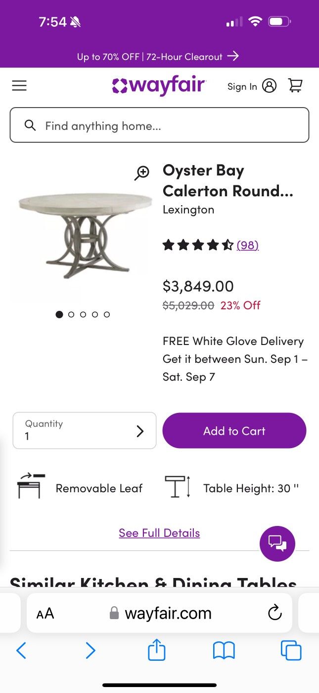 Oyster bay calerton round table paid $3849
BAER'S FURNITURE
NO CHAIRS