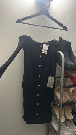 Black Button-Front Mini Dress with Ruffle Neckline