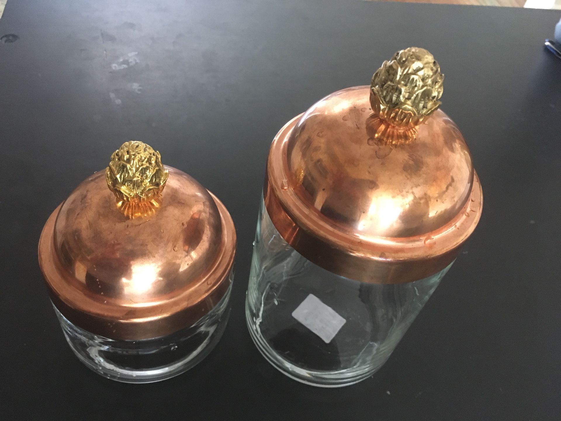 Ruffoni MADE IN ITALY Set of 2 Copper Artichoke Finial Lid Canister Jars glass storage