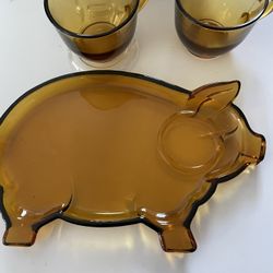 Vintage Amber Glass Plate And Cups 