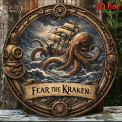 "Fear the Kraken" — Steampunk Mariner's Medallion Wall Sign