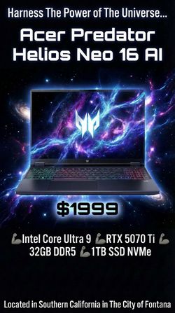 🦾ACER PREDATOR HELIOS NEOS AI🌑 GAMING LAPTOP | Intel Core Ultra 9 | 32GB DDR5 | 1TB SSD NVMe | RTX 5070 Ti | L288