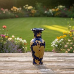 Title: Blue & Gold Enamel Floral Vase | Hand-Painted Decorative Vase | Asian Style Home Decor