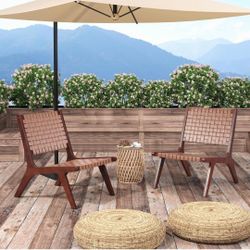 Woven Leather Accent Chair Set of 2, Boho Mid Century Modern Lounge Chair w/Wood Frame, Max Load 300 Lbs, Wicker Living Room Chair, Armless Accent Sid