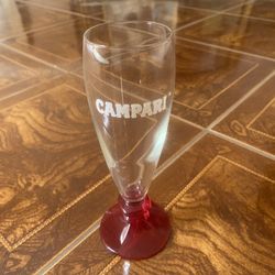 16 Pc COLLECTIBLE CAMPARI LOGO FLUTED GLASSES WITH RED FOOTED BASES
