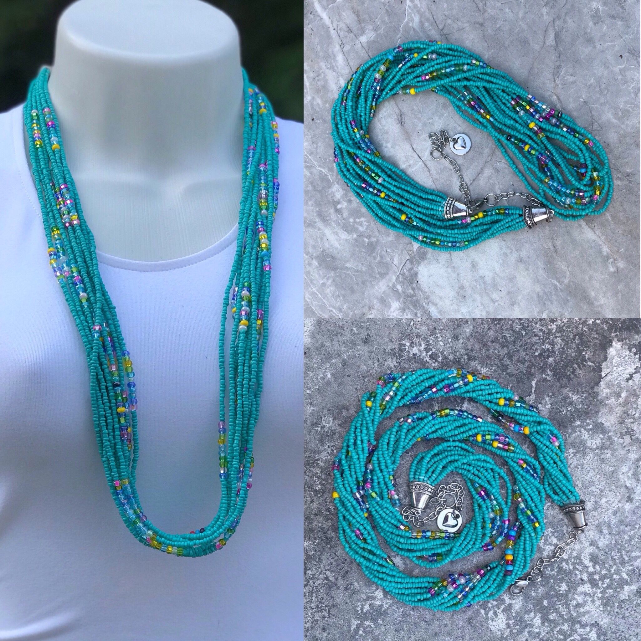 Beaded Necklace, Bohemian Necklace Statement, Turquoise Glass Seed Beads, Long Multi Strand Necklace, Handmade Necklace, Gift for Christmas