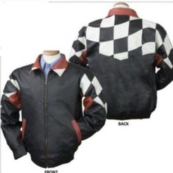 BurksBay Leather Racing Jacket with Checkers  XL NASCAR 