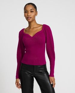 Ribbed V-neck long puff sleeve sweater- color Berry size- Large