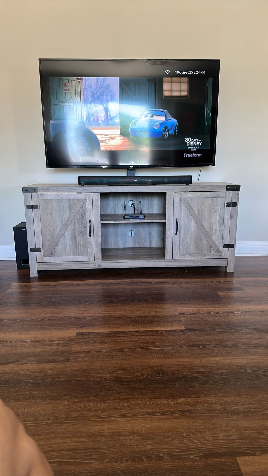 Farmhouse TV Stand for TVs up to 65", Grey Wash