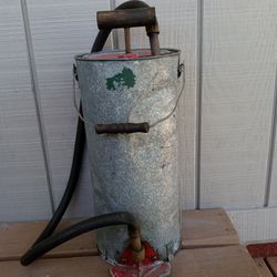 Vintage Galvanized Water Hand Pump Fire Extinguisher With Wood Pump Handle Rubber Hose Original Rare 