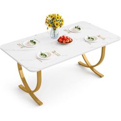 Tribesigns Rectangular Dining Table for 4 to 6, 63-Inch White and Gold Modern Kitchen Table with Faux Marble Table Top and Metal Legs for Dining Room,