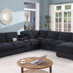Chenille Fabric Corner Sectional Sofa with Right-Facing Chaise, Cupholders, and Charging Ports