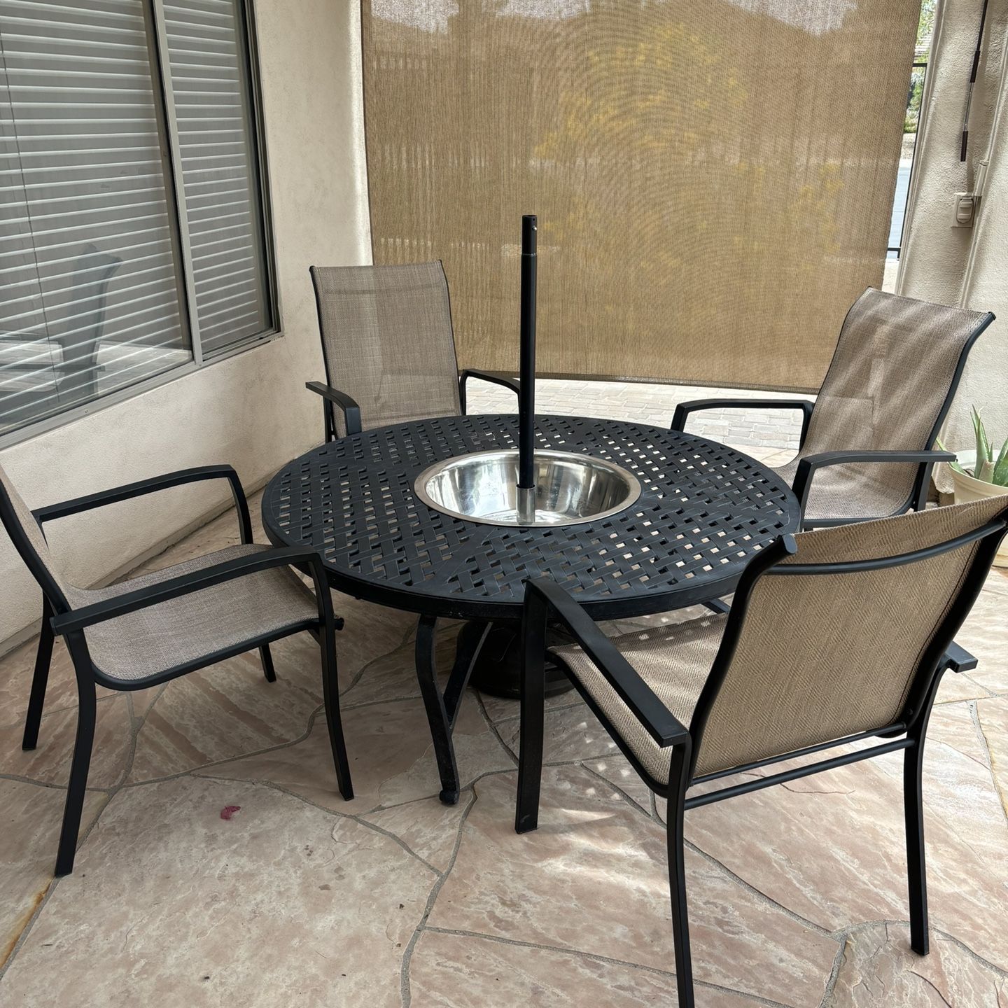 Patio Table, Chairs umbrella and 2 Chaise Loungers