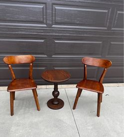 Pine and iron table plus two Wooden Chairs set complete