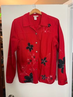 Coldwater Creek Red Jean Jacket with Flowers Size Large