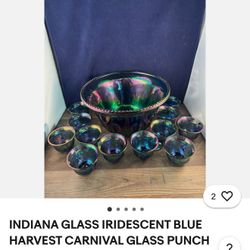 Vintage Carnival Glass Punch Bowl And Cups