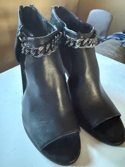 Vera Wang Black Leather Peep-Toe Ankle Booties with Chain Detail