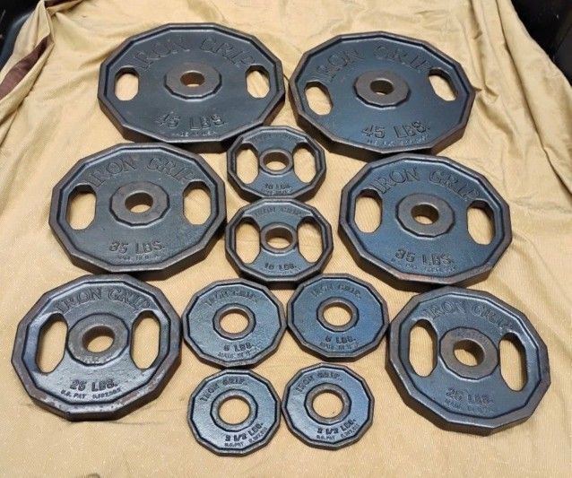 FULL SET OF IRON GRIP OLYMPIC EASY GRIP PLATES (PAIRS OF) : 45s 35s 25s 10s 5s 2.5s