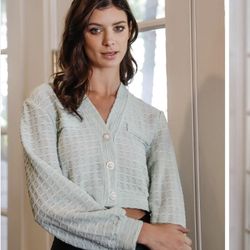 Yesterdaze Los Angeles CA Sage green Textured Pearl & Crystal Button Up Detail Crop Women Top