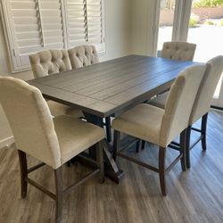 7pc Dining Table Set - Rustic Counter Height Table w/ 6 Beige Dining Chairs