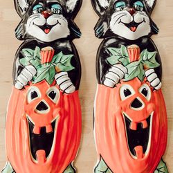 Vintage 1977 Artform Industries Cat on Pumpkin Vacuform Halloween Plastic Decoration Display Jack O Lantern Black Cat Collector