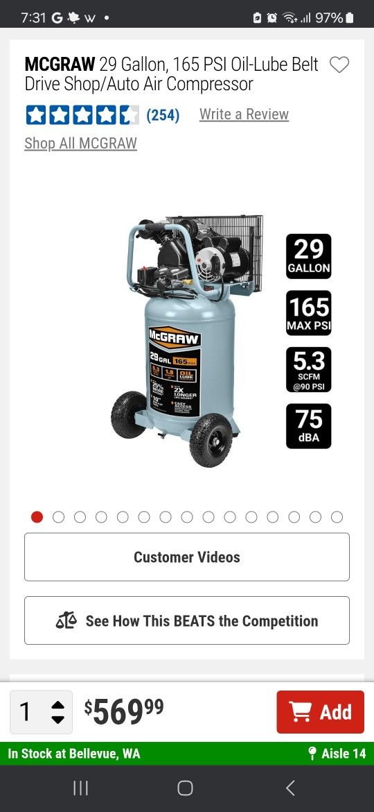 Mcgraw 29 Gallon Air Compressor