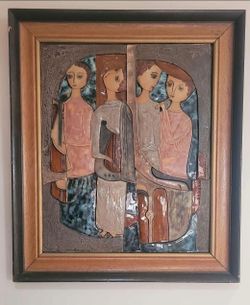 Framed Ceramic Tile Art Panel with Figures by Ruth Faktorowicz