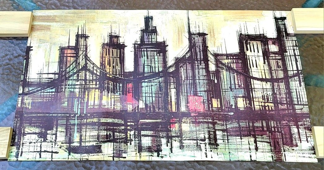 Vintage print titled "Night Bridge River City 1964" by Donald Art. This piece is a stylized interpretation of a city skyline with a bridge, reflecti