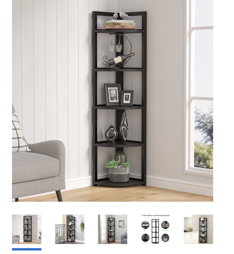 (NEW) Tribesigns Corner Shelf stand,5 Tier Corner Bookshelf small Bookcase Plant Stand,Industrial Corner Storage Rack for Living Room Home Office Kitc