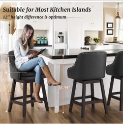 Set of four 67 cm (26.5-inch) solid wood and black faux leather swivel bar stools (counter height), featuring double cushioning and nailhead trim.
