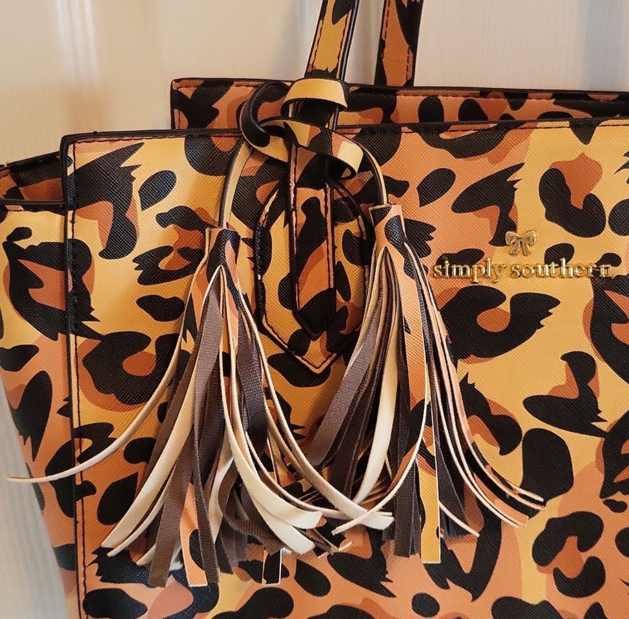 Never Used Simply Southern Leopard Print Tote Bag – Adjustable Cinch Sides, Detachable Tassel, Vegan Leather