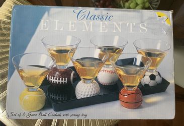 Set of 6 Game Ball Cordials (missing tray). Brand New never used.