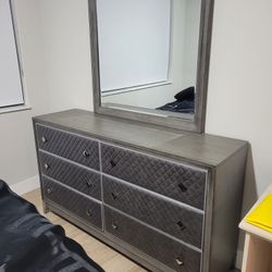 Like New Dresser And Mirror Gray Faux Leather Upholstery Matching Bed