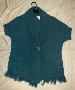 Teal Knit Short Sleeve Cardigan with Fringe M