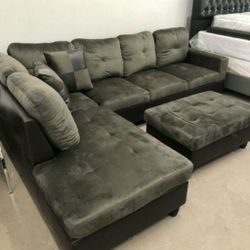 Brand New Charcoal Grey Microfiber Sectional With Storage Ottoman