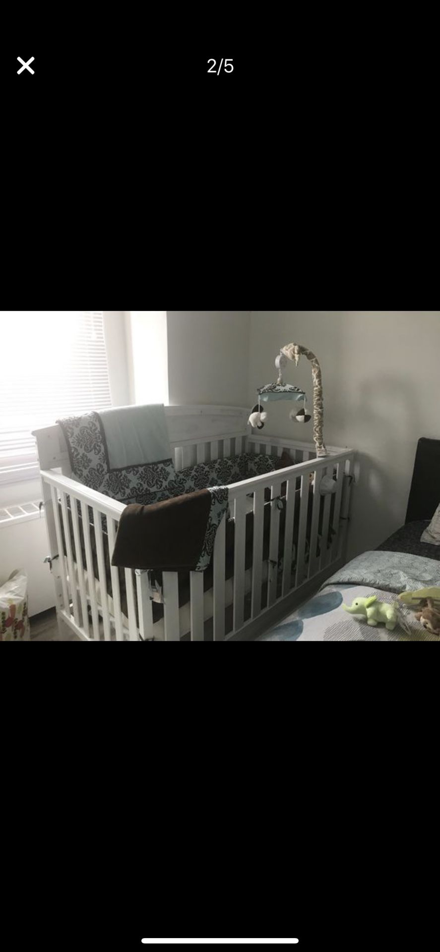 Baby crib, baby bedding and 2 crib mobiles