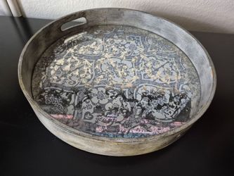 Decorative Glass And Wood Tray 16 Inches Diameter