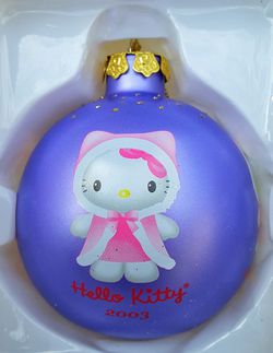 Hello kitty 2003 large blue glass christmas xmas ornament in box.