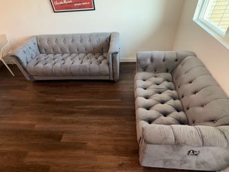 Grey velvet sofa and love seat