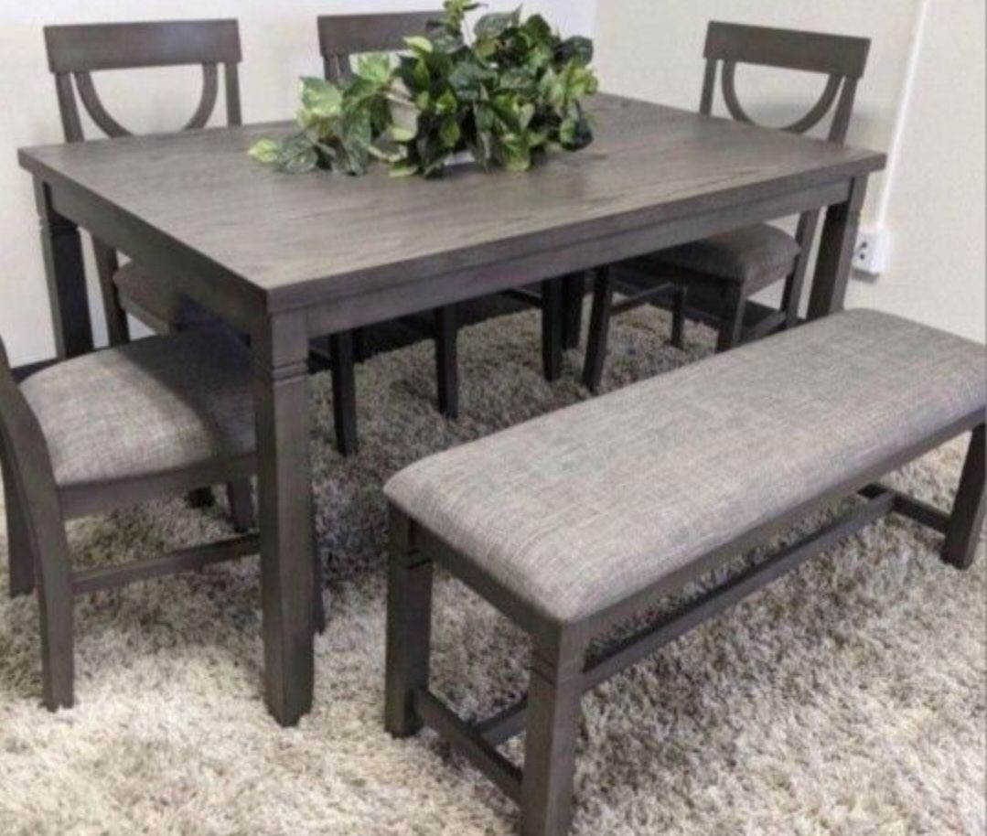 ✅️✅️6 pc bridget ii grey finish wood dining table set padded seat chairs and bench✅️✅️