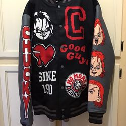 Chucky Varsity Jacket Halloween Costume Adult Mens Clothing Coat Sweater Size Medium Spooky Scary Horror Movie Good Guys Doll