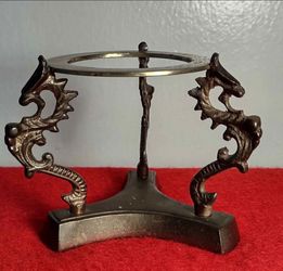 Vintage Brass Dragon Sphere Stand,Ornate brass dragon stand has three detailed dragon legs supporting a circular top ring. Metal has dark bronze-toned