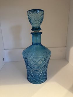 Vintage Genie Bottle AQUA Blue Glass Decanter Diamond Pattern w/Stopper MCM 9"T