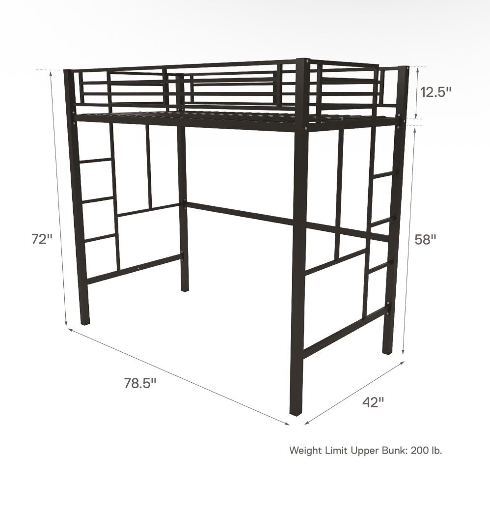 Twin Size Metal Loft Bed with Double Ladders, Mattress, and New Sheet Sets