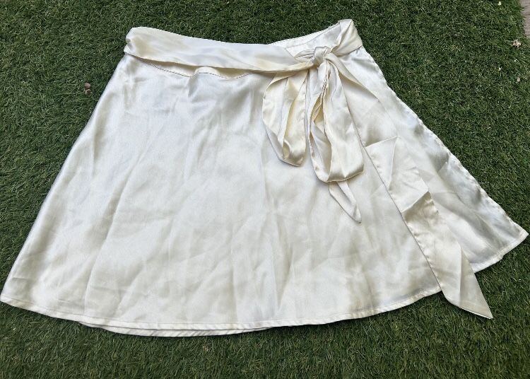 Reclaimed Vintage Satin Wrap, Skirt, Cream/Off-White, Silky Tie Waist, Miniskirt