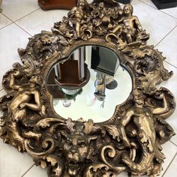 Ornate 46 X 36 Signed Vintage Antique Wall Mirror. Putti Cherubs Lion Panther Mermaid Merman Torso. Wood Look. Heavy Fiberglass? As Is On Top Back. 