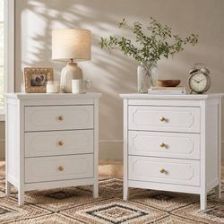 3 Drawer Narrow Nightstand for Bedroom, Storage Bedside Table | White, Set of 2